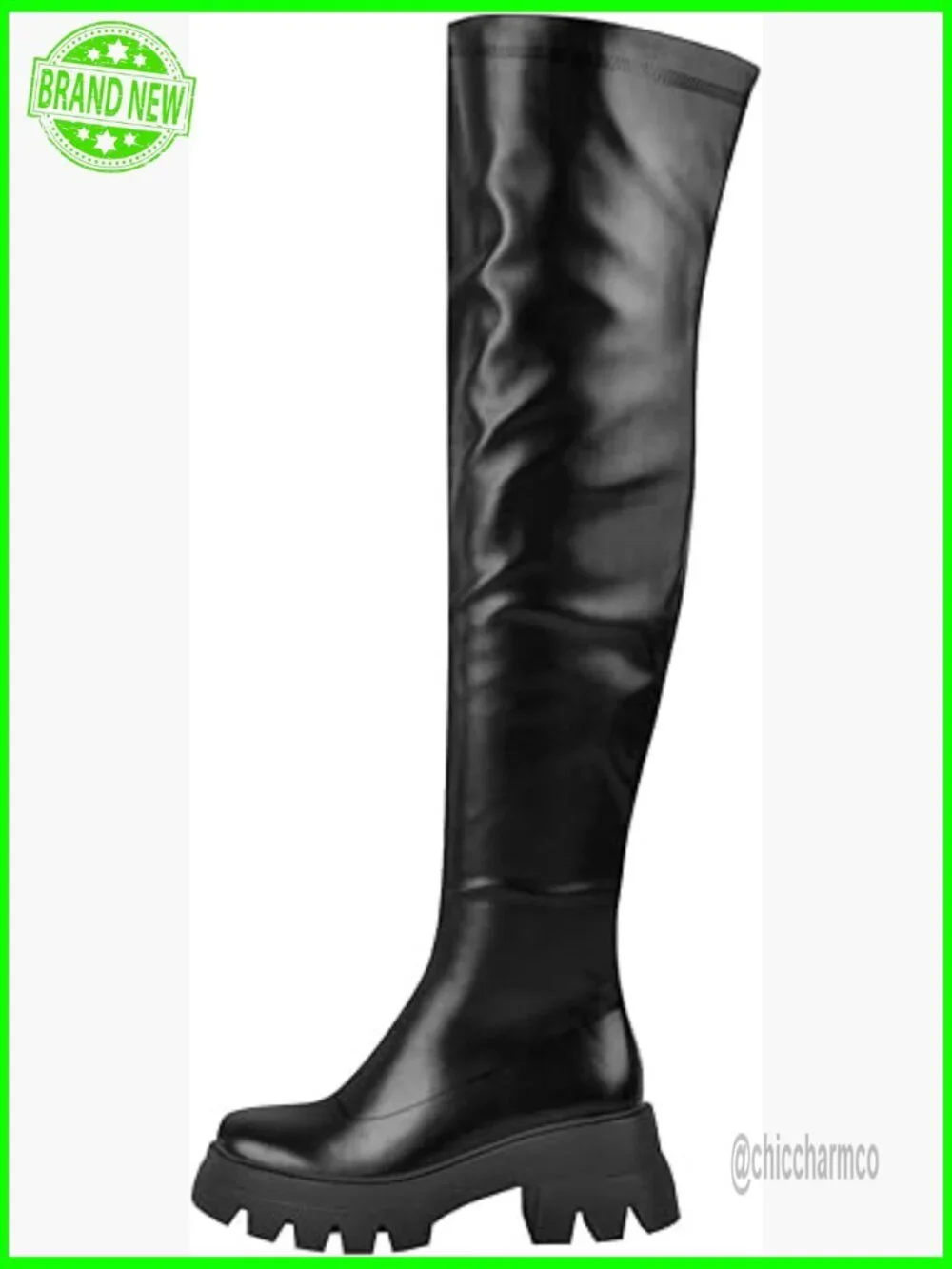 Round Toe Low Block Heeled Thigh Boots Chunky Heels Tread Sole Zip Up